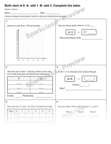 Both start at 0. A: add 1. B: add 3. Complete the table. — Review — Grade 5 worksheet preview