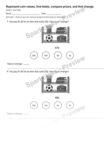 Represent coin values, find totals, compare prices, and find change. — Exit Ticket — Grade 2 worksheet preview