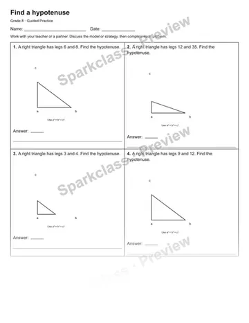 Find a hypotenuse — Guided Practice — Grade 8 worksheet preview