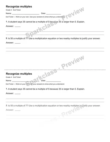 Recognize multiples — Exit Ticket — Grade 4 worksheet preview