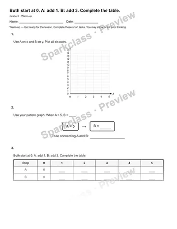 Both start at 0. A: add 1. B: add 3. Complete the table. — Warm-up — Grade 5 worksheet preview