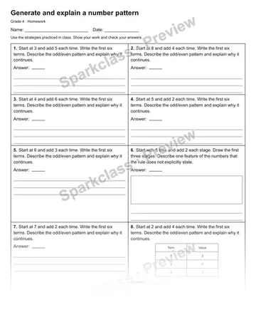 Generate and explain a number pattern — Homework — Grade 4 worksheet preview