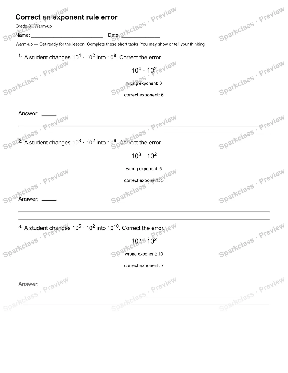 Correct an exponent rule error — Warm-up — page 2