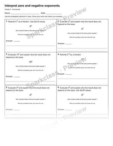 Interpret zero and negative exponents — Homework — Grade 8 worksheet preview