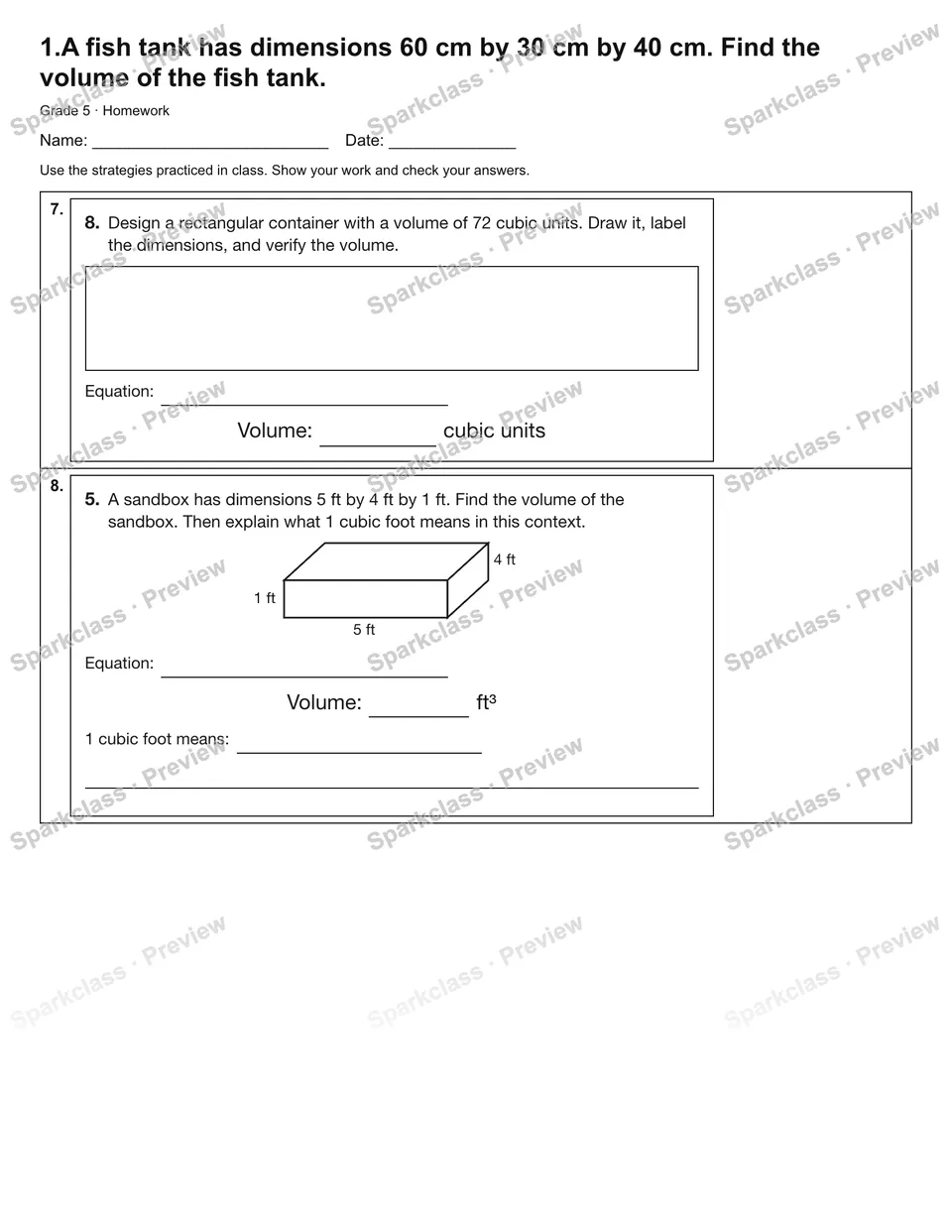 1.A fish tank has dimensions 60 cm by 30 cm by 40 cm. Find the volume of the fish tank. — Homework — page 3