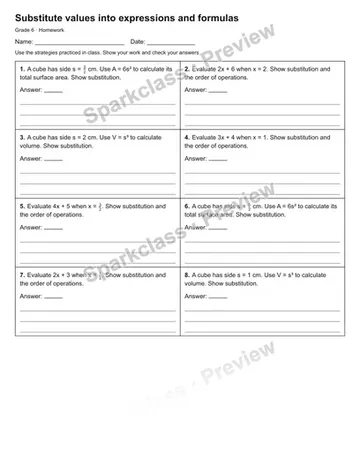 Substitute values into expressions and formulas — Homework — Grade 6 worksheet preview