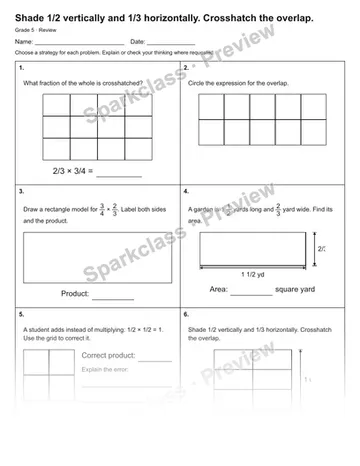 Shade 1/2 vertically and 1/3 horizontally. Crosshatch the overlap. — Review — Grade 5 worksheet preview