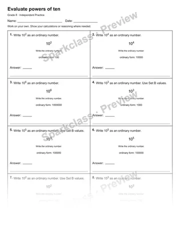 Evaluate powers of ten — Independent Practice — Grade 8 worksheet preview