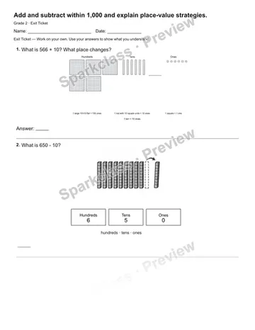 Add and subtract within 1,000 and explain place-value strategies. — Exit Ticket — Grade 2 worksheet preview