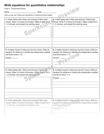 Write equations for quantitative relationships — Independent Practice — Grade 6 worksheet preview