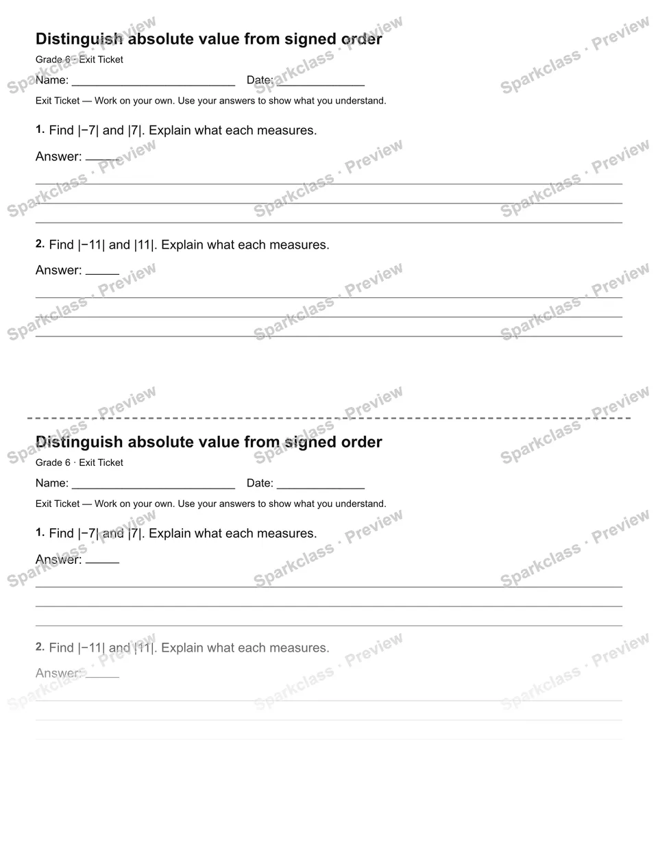 Distinguish absolute value from signed order — Exit Ticket — page 1