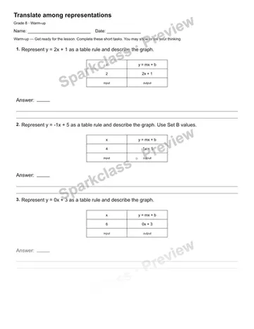 Translate among representations — Warm-up — Grade 8 worksheet preview