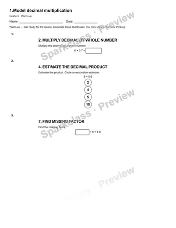 1.Model decimal multiplication — Warm-up — Grade 5 worksheet preview