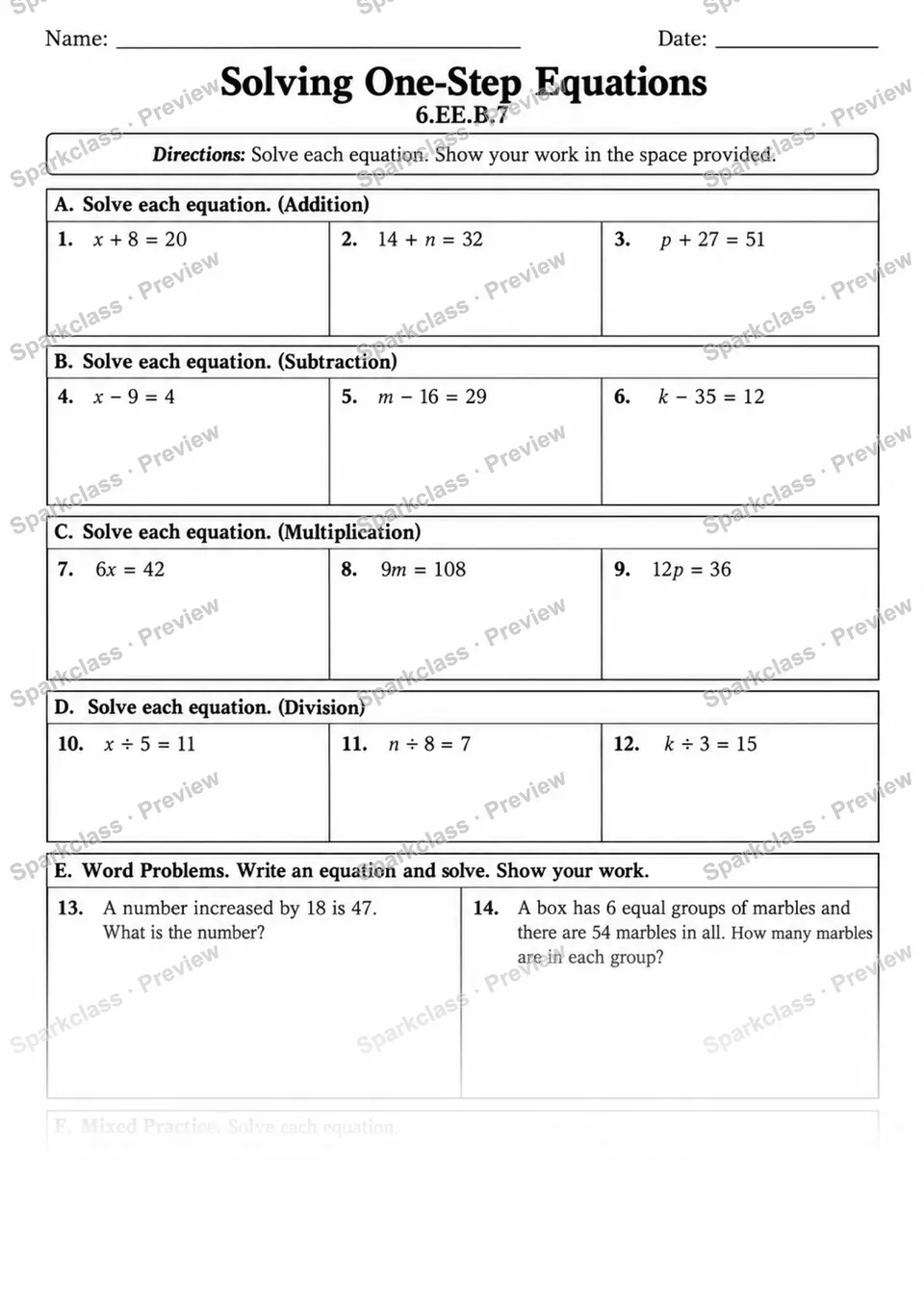 One-Step Equations Variant — page 1