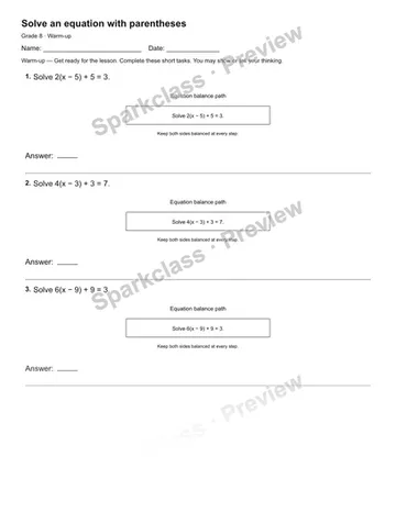 Solve an equation with parentheses — Warm-up — Grade 8 worksheet preview