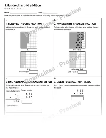 1.Hundredths grid addition — Guided Practice — Grade 5 worksheet preview
