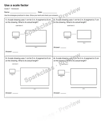 Use a scale factor — Homework — Grade 7 worksheet preview
