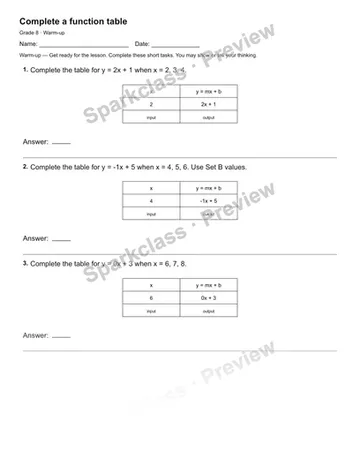 Complete a function table — Warm-up — Grade 8 worksheet preview