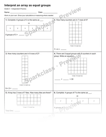 Interpret an array as equal groups — Independent Practice — Grade 3 worksheet preview