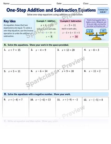 One Step Add Subtract — Grade 6 worksheet preview