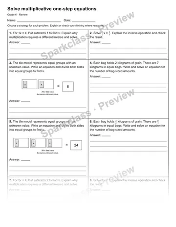 Solve multiplicative one-step equations — Review — Grade 6 worksheet preview