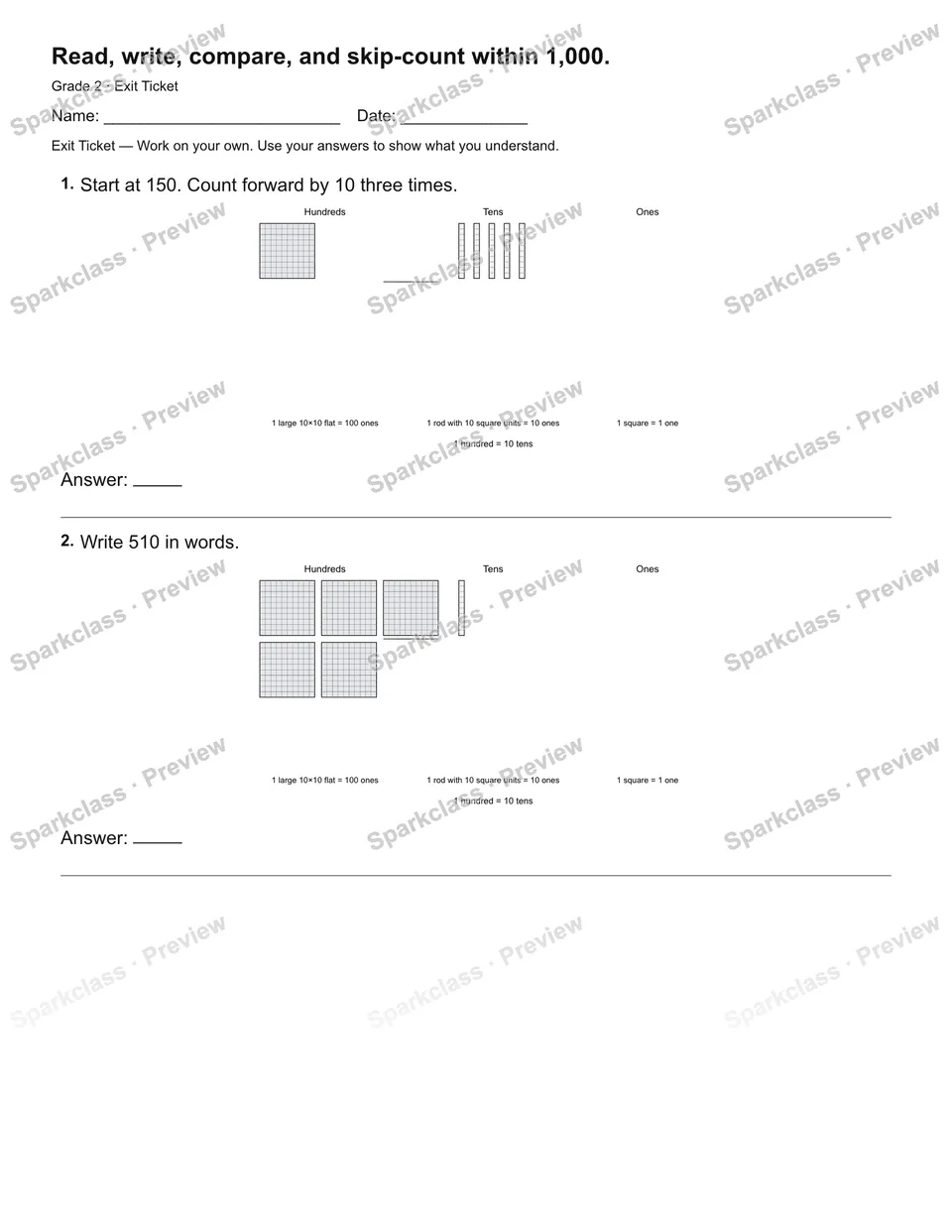 Read, write, compare, and skip-count within 1,000. — Exit Ticket — page 2