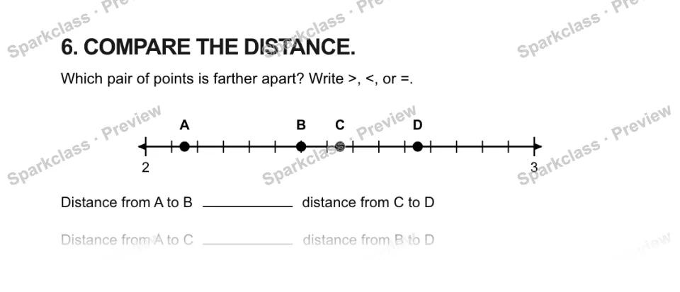 6. COMPARE THE DISTANCE. Which pair of points is farther apart? Write >, <, or =. 2 3 A B C D Distance from A to B distance from C to D Distance from A to C distance from B to D — page 1