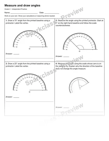Measure and draw angles — Independent Practice — Grade 4 worksheet preview