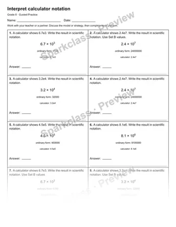 Interpret calculator notation — Guided Practice — Grade 8 worksheet preview