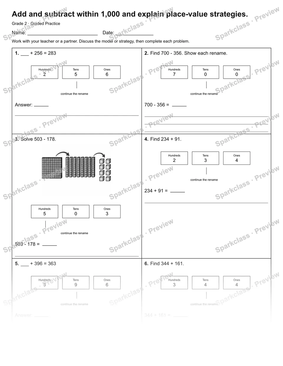 Add and subtract within 1,000 and explain place-value strategies. — Guided Practice — page 1