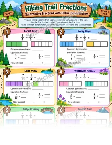 Subtract Fractions With Unlike Denominators — Grade 5 worksheet preview