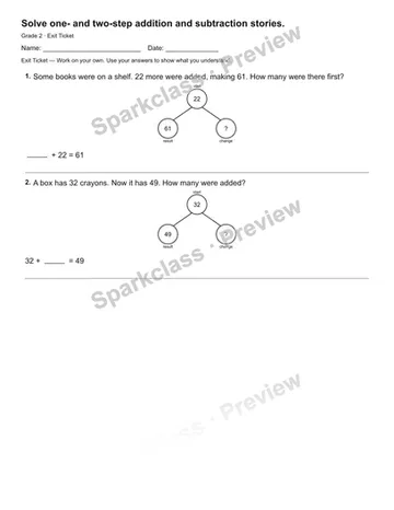 Solve one- and two-step addition and subtraction stories. — Exit Ticket — Grade 2 worksheet preview