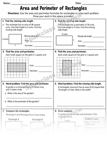3 Area Perimeter Formulas — Grade 4 worksheet preview