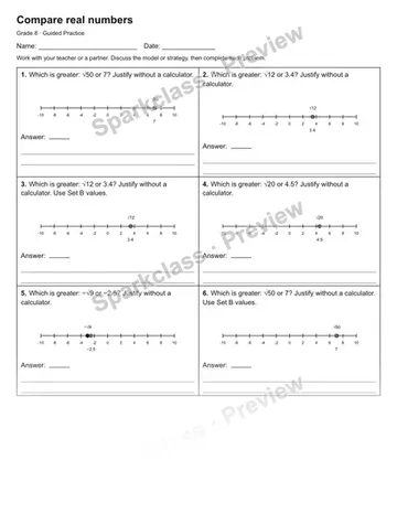 Compare real numbers — Guided Practice — Grade 8 worksheet preview