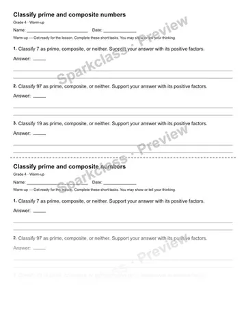 Classify prime and composite numbers — Warm-up — Grade 4 worksheet preview