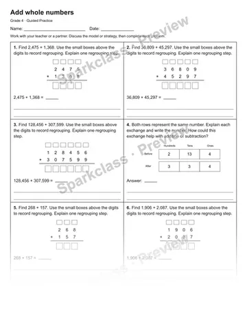 Add whole numbers — Guided Practice — Grade 4 worksheet preview