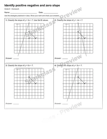 Identify positive negative and zero slope — Homework — Grade 8 worksheet preview