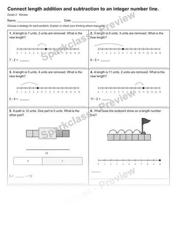Connect length addition and subtraction to an integer number line. — Review — Grade 2 worksheet preview