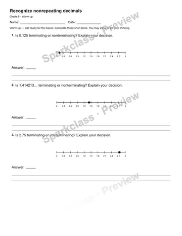 Recognize nonrepeating decimals — Warm-up — Grade 8 worksheet preview