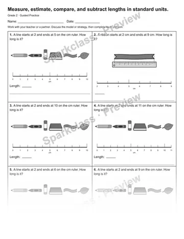 Measure, estimate, compare, and subtract lengths in standard units. — Guided Practice — Grade 2 worksheet preview
