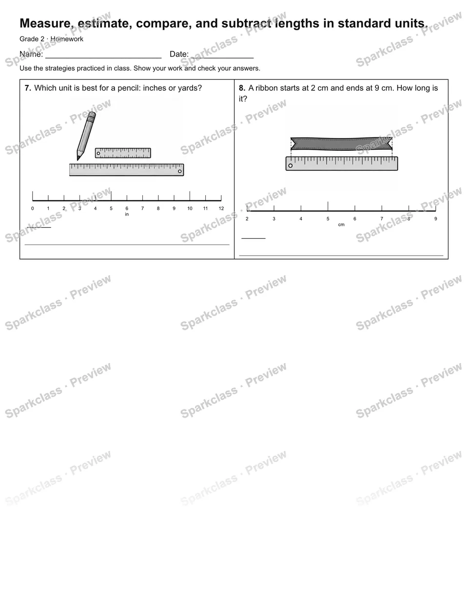 Measure, estimate, compare, and subtract lengths in standard units. — Homework — page 2