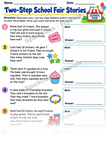 2.OA.A.1 · School Fair Two Step — Grade 2 worksheet preview