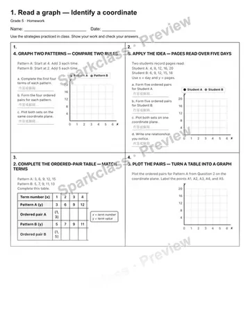 1. Read a graph — Identify a coordinate — Homework — Grade 5 worksheet preview