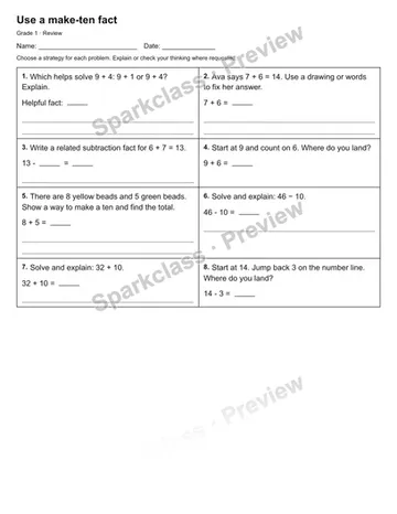 Use a make-ten fact — Review — Grade 1 worksheet preview