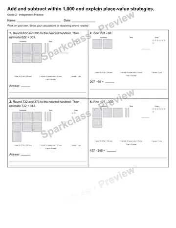 Add and subtract within 1,000 and explain place-value strategies. — Independent Practice — Grade 2 worksheet preview