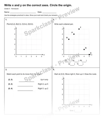 Write x and y on the correct axes. Circle the origin. — Homework — Grade 5 worksheet preview