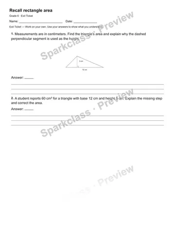 Recall rectangle area — Exit Ticket — Grade 6 worksheet preview