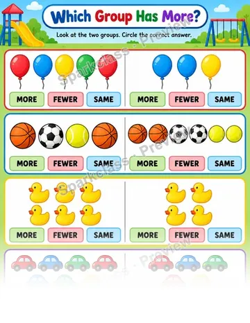Basic More, Fewer, or Same · Playground — Kindergarten worksheet preview