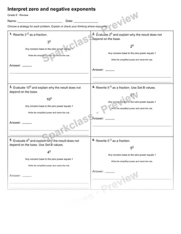 Interpret zero and negative exponents — Review — Grade 8 worksheet preview