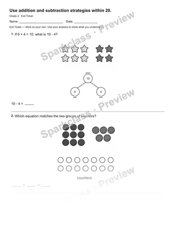 Use addition and subtraction strategies within 20. — Exit Ticket — Grade 2 worksheet preview